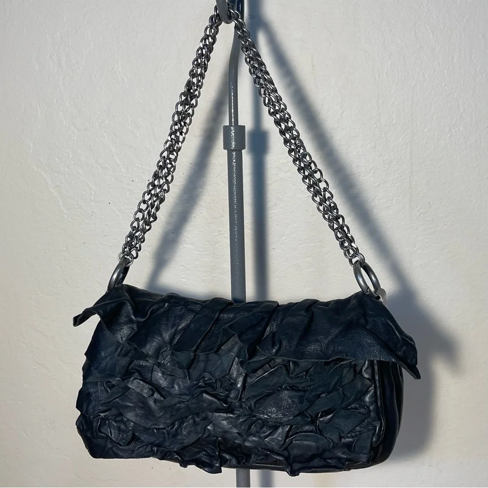 AllSaints Black Ruffled Leather Shoulder Bag Soft Leather Gunmetal Hardware